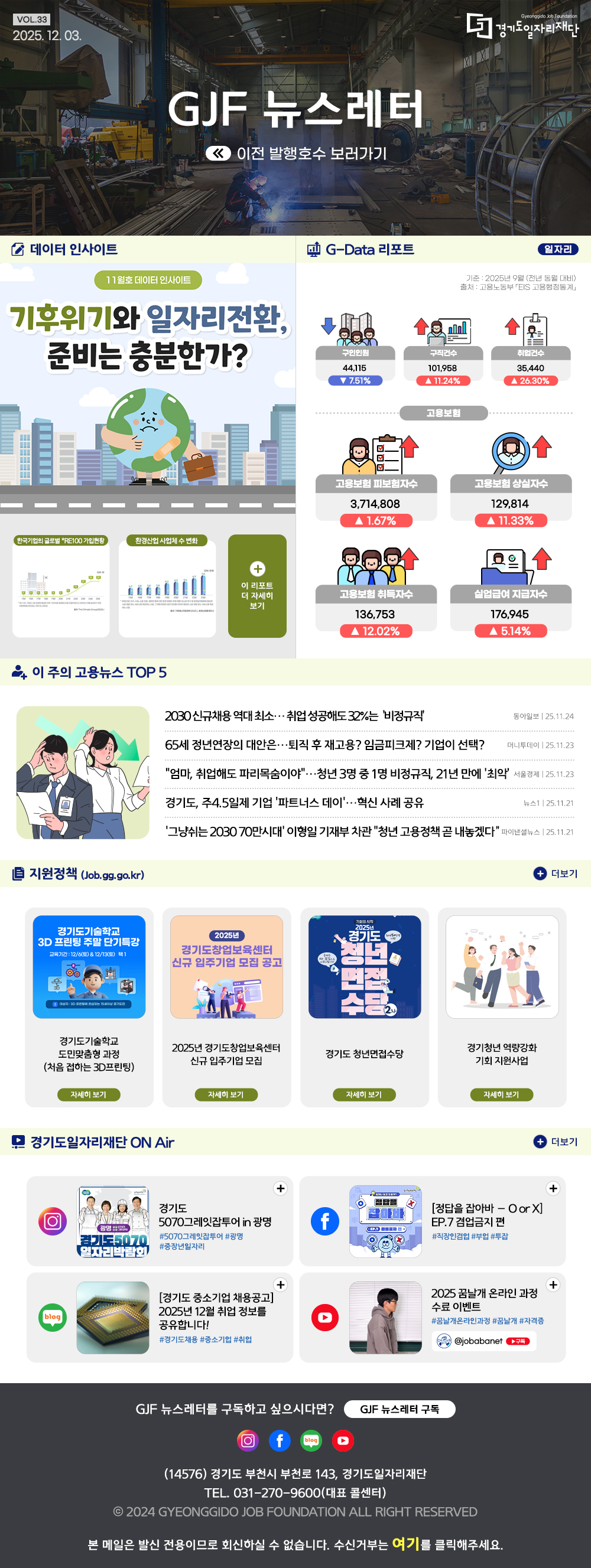 VOL.33 2025. 12. 3. GJF 뉴스레터 이전 발행호수 보러가기  데이터인사이트 기후위기와 일자리전환, 준비는 충분한가  G-Data 리포트 일자리 기준: 2025년 9월 (전년 동월 대비)  출처: 고용노동부 「EIS 고용행정통계」  구인인원 44,115 ▼7.51% 구직건수 101,958 ▲11.24% 취업건수 35,440 ▲26.30%  고용보험 고용보험 피보험자수 3,714,808 ▲1.67% 고용보험 상실자수 129,814 ▲11.33% 고용보험 취득자수 136,753 ▲12.02% 실업급여 지급자수 176,945  ▲5.14%  이 주의 고용뉴스 TOP 5 2030 신규채용 역대 최소, 취업성공해도 32%는 비정규직 동아일보 25.11.24 65세 정년연장의 대안은 퇴직후 재고용? 임금피크제? 기업이 선택? 머니투데이 25.11.23 엄마, 취업해도 파리목숨이야 청년 3명 중 1명 비정규직, 21년만에 최악 서울경제 25.11.23 경기도, 주4.5일제 기업 파트너스데이 혁신사례 공유 뉴스1 25.11.21 그냥 쉬는 2030 70만시대 이형일 기재부차관 청년고용정책 곧 내놓겠다 파이낸셜뉴스 25.11.21.  지원정책 (Job.gg.go.kr) 경기도기술학교 도민 맞춤형 과정(처음 접하는 3D프린팅) 2025년 경기도창업보육센터 신규 입주기업 모집 경기도 청년면접수당 경기청년역량강화 기회 지원사업  경기도일자리재단 ON Air 인스타그램 경기도5070그레잇잡투어 IN 광명 페이스북 정답을 잡아바 EP.7.겸업금지편 블로그 경기도 중소기업 채용공고 2025년 12월 취업정보를 공유합니다 유튜브 2025 꿈날개 온라인과정 수료이벤트  GJF 뉴스레터를 구독하고 싶으시다면? GJF 뉴스레터 구독 (14576) 경기도 부천시 부천로 143, 경기도일자리재단 TEL. 031-270-9600(대표 콜센터) © 2024 GYEONGGIDO JOB FOUNDATION ALL RIGHT RESERVED 본 메일은 발신 전용이므로 회신하실 수 없습니다. 수신거부는 여기를 클릭해주세요.
