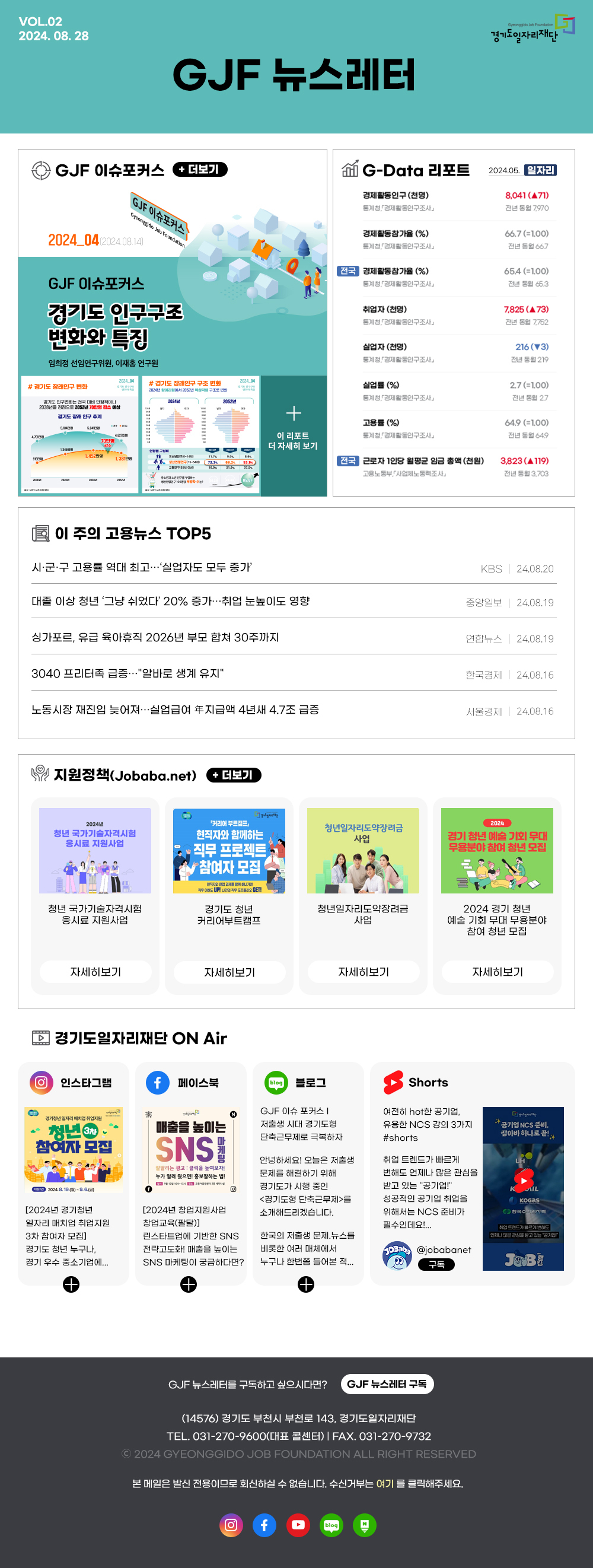 VOL.02
2024. 08. 28
GJF 뉴스레터
Gyeonggido Job Foundation
경기도일자리재단
GJF 이슈포커스 + 더보기
GJF 이슈포커스
Gyeonggido Job Foundation
2024_04(2024.08.14)
GJF 이슈포커스
경기도 인구구조
변화와 특징
임희정 선임연구위원, 이재홍 연구원
#경기도 장래인구 변화
경기도 인구변화는 전국 대비 안정적이 2038년을 정점으로 2052년 70만명 감소 예상 경기도 장래인구추계
2024.04
#경기도 장래인구 구조 변화
2024.04
20242052년 구조변화
205214
+
G-Data 리포트
경제활동인구(천명) 통계청 경제활동인구조사
2024.05. 일자리
경제활동참가율 (%) 통계청, 경제활동인구조사
8,041 (71) 전년 동월 7,970
66.7 (=1.00) 전년 동월 667
전국 경제활동참가율 (%) 통계청, 경제활동인구조사
취업자(천명)
통계청, 「경제활동인구조사
65.4 (=1.00) 전년 동월 65.3
7,825 (73) 전년 동월 7,752
실업자(천명)
통계청, 경제활동인구조사
통계청 경제활동인구조사
216 (3) 전년 동월 219
2.7 (=1.00) 전년 동월 27
실업률(%)
5
4701E
70만명
1346m
1.452998
1.381만명
2004
2000년
고용률(%)
이 리포트
통계청, 경제활동인구조사
64.9 (=1.00) 전년 동월 649
더 자세히 보기
11.7%
ROS RAS
구(15-64
72.3% | 69.2% | 53.8%)
16.0% 21.0 37.5
전국 근로자 1인당 월평균 임금 총액(천원) 고용노동부 사업체노동력조사
3,823 (A119)
전년 동월 3,703
연구 100명 부양자 수는
이 주의 고용뉴스 TOP5
시·군·구 고용률 역대 최고...실업자도 모두 증가'
KBS | 24.08.20
대졸 이상 청년 '그냥 쉬었다' 20% 증가...취업 눈높이도 영향
중앙일보 | 24.08.19
싱가포르, 유급 육아휴직 2026년 부모 합쳐 30주까지
연합뉴스 | 24.08.19
3040 프리터족 급증...＂알바로 생계 유지＂
한국경제 | 24.08.16
노동시장 재진입 늦어져...실업급여 年지급액 4년새 4.7조 급증
서울경제 | 24.08.16
지원정책(Jobaba.net) + 더보기
Jyriquett
2024
커리어 부트캠프
2024
청년 국가기술자격시험
현직자와 함께하는
청년일자리도약장려금 사업
응시료 지원사업
·직무 프로젝트
경기청년 예술 기회 무대 무용분야 참여 청년 모집
참여자 모집
현직자와 과제를 쉽게 나가 UP! GET!
청년 국가기술자격시험
경기도 청년
응시료 지원사업
커리어부트캠프
청년일자리도약장려금 사업
2024 경기 청년 예술 기회 무대 무용분야 참여 청년 모집
자세히보기
자세히보기
자세히보기
자세히보기
경기도일자리재단 ON Air
O 인스타그램
f 페이스북
blog
blog 블로그
Shorts
潔
경기청년일자리매치업취업지원
청년회
참여자 모집
매출을 높이는
SNS!
GJF 이슈 포커스| 저출생 시대 경기도형 단축근무제로 극복하자
여전히 hot한 공기업, 유용한 NCS 강의 3가지 #shorts
공기업 NCS 준비 잡아바하나로 끝! +
잘팔리는 광고클릭을 높여보자! 누가 알려줬으면! 홍보잘하는 법!
20248.19.(월)~9.6.(금)
[2024년 경기청년
©
일자리 매치업 취업지원
[2024년 창업지원사업 창업교육(팔달)]
안녕하세요! 오늘은 저출생 문제를 해결하기 위해 경기도가 시행 중인 〈경기도형 단축근무제〉를 소개해드리겠습니다.
취업 트렌드가 빠르게
변해도 언제나 많은 관심을
받고 있는 ＂공기업!＂
성공적인 공기업 취업을 위해서는 NCS 준비가 필수인데요!...
KIL
KOGAS
한국수자
3차 참여자 모집]
경기도 청년 누구나,
린스타트업에 기반한 SNS
전략고도화! 매출을 높이는
경기 우수 중소기업에....
SNS 마케팅이 궁금하다면? +
한국의 저출생 문제. 뉴스를 비롯한 여러 매체에서 누구나 한번쯤 들어본 적...
취업 트렌드가 빠르게 언제나 많은 관심을 받고 있는 기업
@jobabanet 구독

GJF 뉴스레터를 구독하고 싶으시다면? GJF 뉴스레터 구독
(14576) 경기도 부천시 부천로 143, 경기도일자리재단
TEL. 031-270-9600(대표 콜센터) | FAX. 031-270-9732
2024 GYEONGGIDO JOB FOUNDATION ALL RIGHT RESERVED
본 메일은 발신전용이므로 회신하실 수 없습니다. 수신거부는 여기를 클릭해주세요.

경기도일자리재단 인스타그램 바로가기(사진)
경기도일자리재단 페이스북 바로가기(사진)
경기도일자리재단 유튜브 바로가기(사진)
경기도일자리재단 블로그 바로가기(사진)
